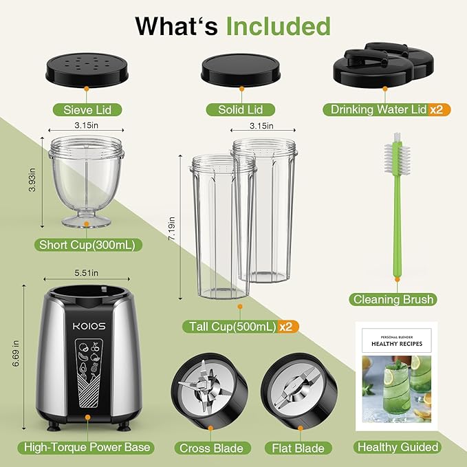 KOIOS Smoothie Blender Max 1000w Personal Blender for Shakes and Smoothies 12Pcs Coffee Grinder and Countertop Blenders Combo for Kitchen Portable Smoothie Blenders with 2x22 oz To-Go Cups Non-BPA