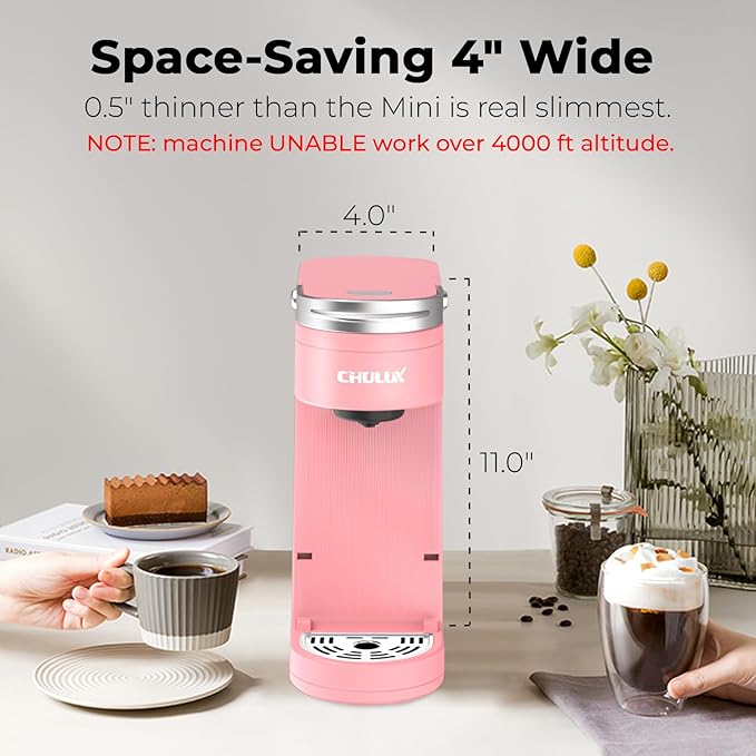 CHULUX Slim Single Serve Coffee Maker for K Pods One Cup Coffee Maker Fits 7.3 Travel Mugs Coffee Machine with 6 to 12oz Brew Sizes Salmon Pink
