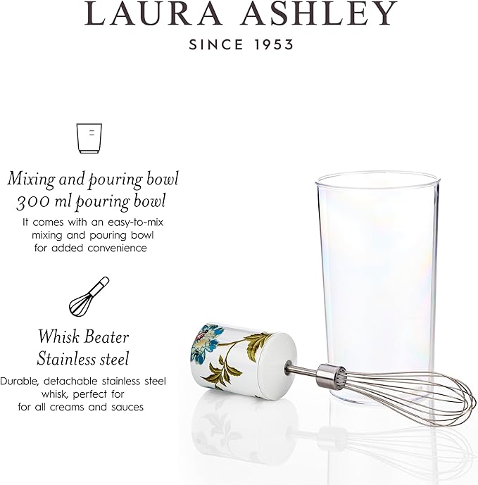 Laura Ashley 150W Immersion Blender Handheld - 4 in 1 Electric Hand Blender for Kitchen with Durable Stainless Steel Blades Whisk &amp 300ml Mixing Pouring Cup - 2 Speed Modes Hand Held Stick Blend