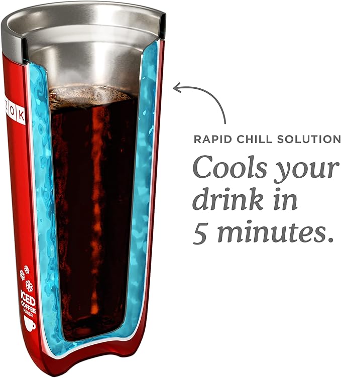 Zoku Instant Iced Coffee Maker Reusable Beverage Chiller Cools Hot Beverages in Minutes Without Dilution Portable 11-ounce Tumbler With Spill-resistant Lid and Straw Red