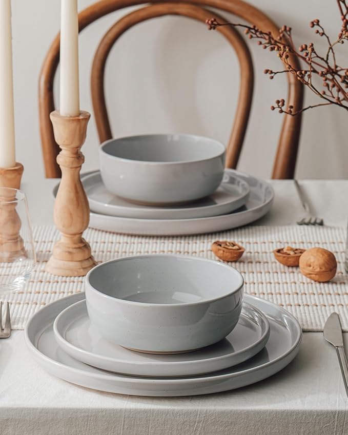 Famiware Milkyway Stoneware Dinnerware Sets with Pasta Bowls Service for 6 (24 Pieces) Plates and Bowls Sets -Scratch Resistant Microwave and Dishwasher Safe Dishes Set Light Gray