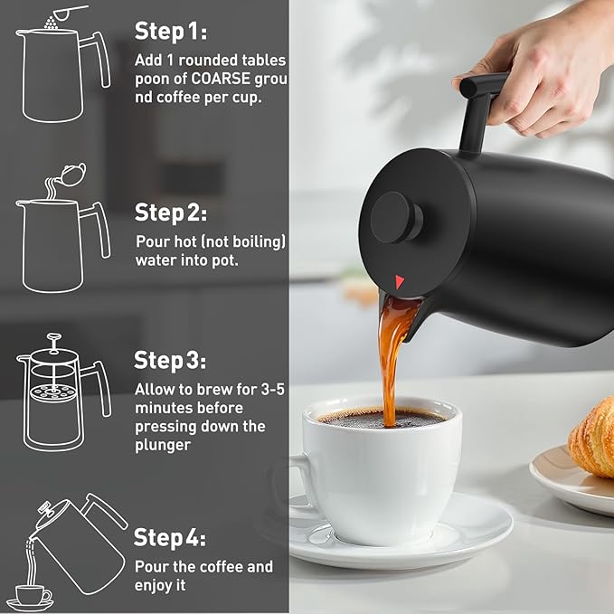 Secura 50oz French Press Coffee Maker – 304 Stainless Steel Insulated Coffee Press with Extra Filter Black