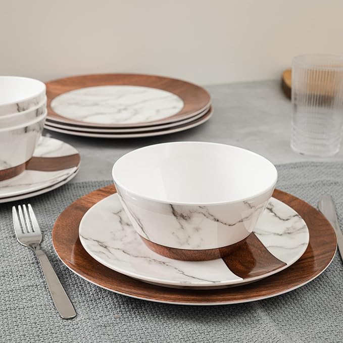 LEHAHA Rustic Modern Melamine Dinnerware Sets Marble 12-Piece Lightweight Outdoor Plates and Bowls Sets Unbreakable Wood Patterns Dishes Dinnerware Set Service for 4…