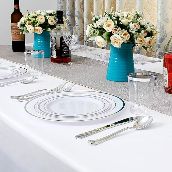 I00000 102pcs Silver Plastic Plates Disposable Plastic Party Plates with White Silver Rim Fancy Wedding Party Plates Include 51 Dinner Plates 10.25 and 51 Dessert Appetizer Plates 7.5