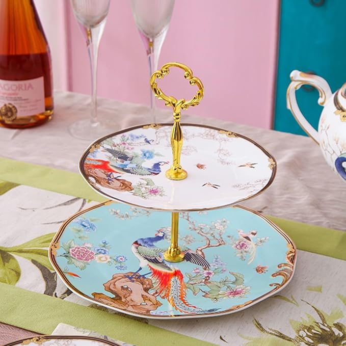 ACMLIFE Bone China Dinnerware Set 12 Pieces with 2-Tier Vintage Floral Afternoon Tea Stand