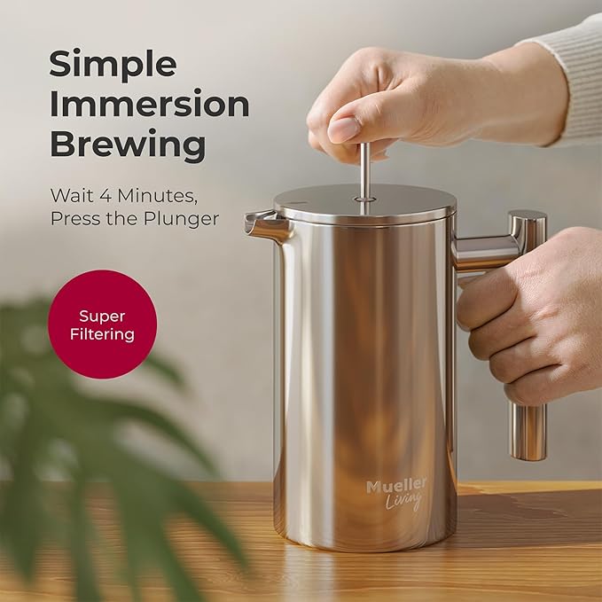 MuellerLiving French Press Coffee Maker 20oz Stainless Steel French Press Coffee 4 Filter Heat Resistant Double Insulated Rust-Free Food Grade Dishwasher Safe Coffee Pot
