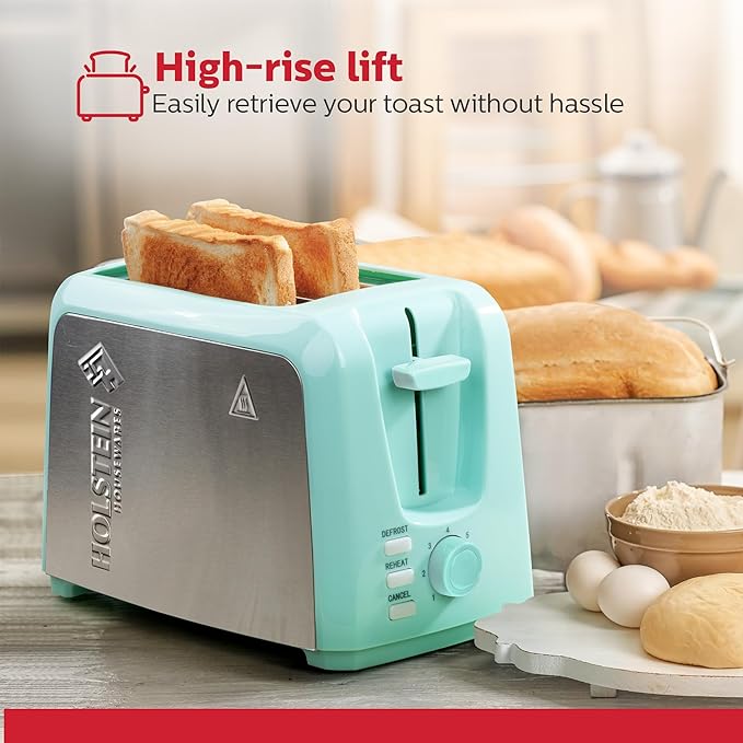 Holstein Housewares 2-Slice Toaster with 7 Browning Settings Extra-Wide Slots Reheat Defrost Cancel High-Lift Release Removable Crumb Tray – Compact Stainless Steel Mint