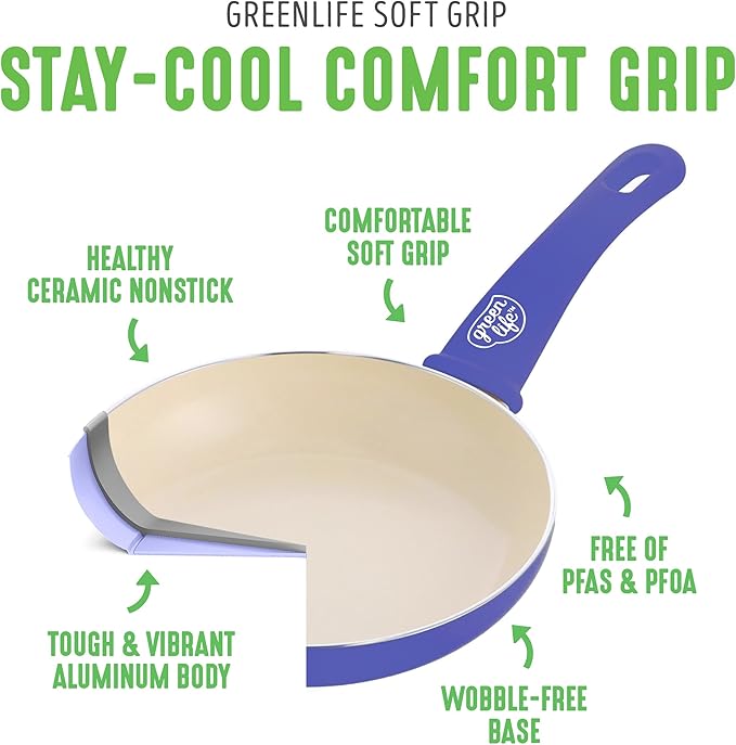 GreenLife 16 Piece Nonstick Cookware Set Soft Grip Non-Toxic PFAS-Free Ceramic Pots &amp Pans Dishwasher &amp Oven Safe Frying Sauce Utensils Glass Lids Stay-Cool Handles Wobble Free Periwi