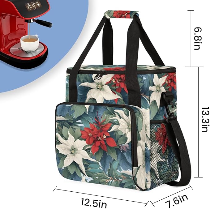 Holly Berry Flowers Coffee Maker Carrying Bag Modern Flowers Travel Storage Bag Compatible with K-Mini or K-Mini Plus Single Serve Coffee Brewer Carrying Case with Multiple Pockets &amp Shoulder St