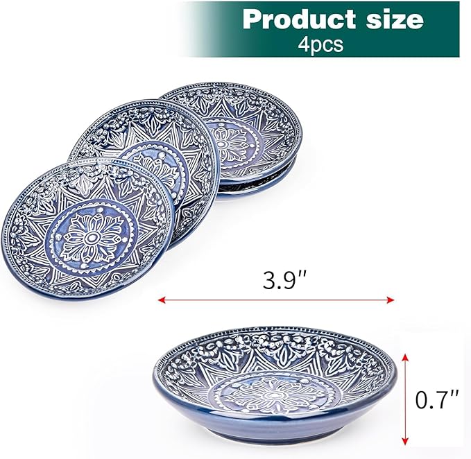 Sungmor Embossed Stoneware Fine Dining Dinnerware Antique Baroque Style Porcelain 4 Inch Soy Saucer Dish Set of 4 Sophisticated Ceramic Dipping Bowl Appetizer Dessert Plate Ketchup Spices Bowl