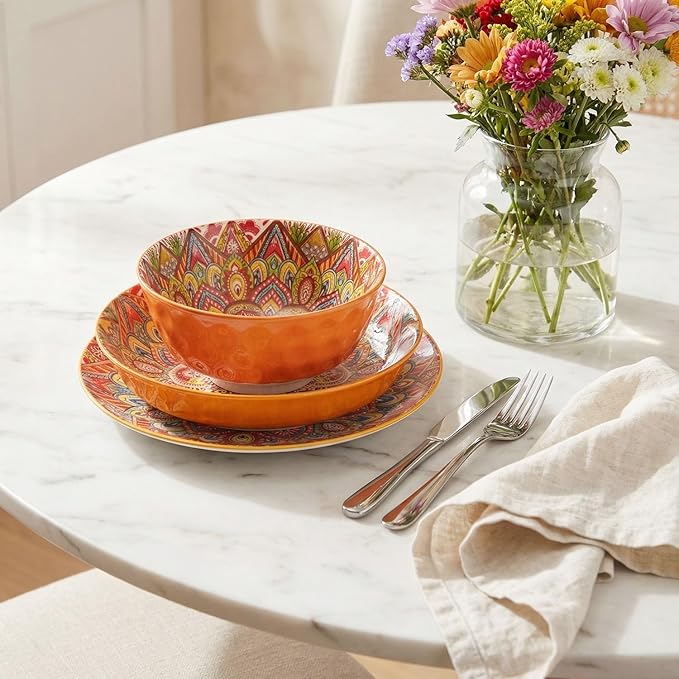 YA JU Mandala Dinnerware Sets (12 Pcs) Serves 4 Buffet Dinnerware Boho Plates and Bowls Dish Set with 8 salad Plate 8 Dessert Plate 4.8 bowl apply Casual dining Indoor Outdoor Dining Party