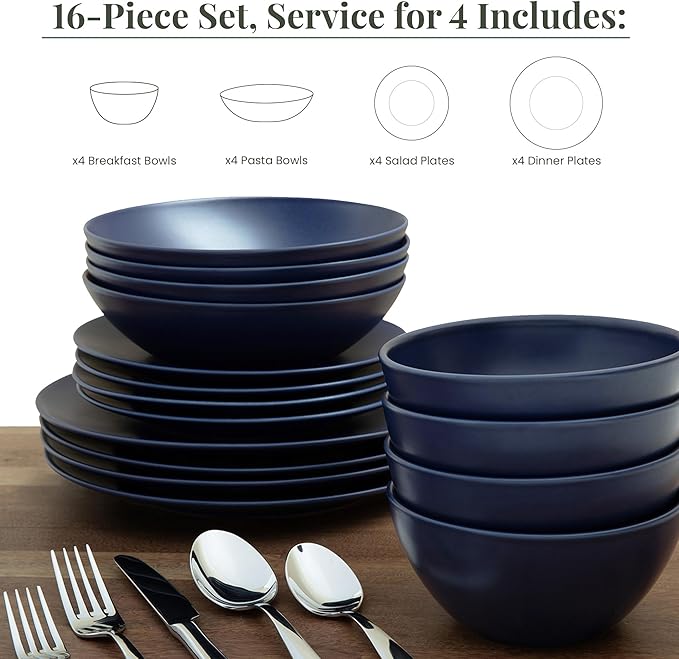 Larder &amp Vine Ceramic Stoneware Dinnerware 16-Piece Set 4 Place Settings (Indigo)