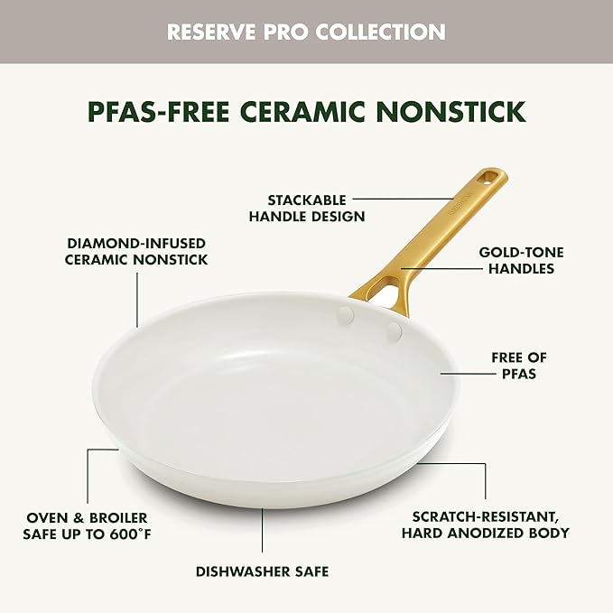 GreenPan Nonstick Reserve Pro 10 Piece Cookware Set NSF Certified Ceramic Hard Anodized PFAS-Free Pots &amp Pans Set with Lids Stainless Steel Handles Oven &amp Dishwasher Safe Cream White