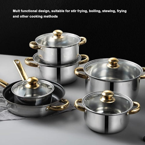 12pcs Stainless Steel Pots and Pans Set Non Stick Kitchen Cookware with Lids Golden Handles and Spout Even Heat Distribution Include Milk Pot Sauce Pot Frying Pan and