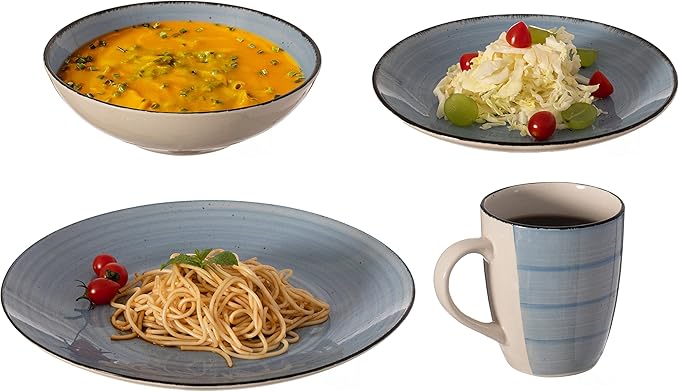 16 PC Spin Wash Dinnerware Dish Set for 4 Person | Mugs Salad and Dinner Plates and Bowls Sets Stylish Dishes with Highly Chip and Crack Resistant Dishwasher and Microwave Safe Blue. QI004502.BL