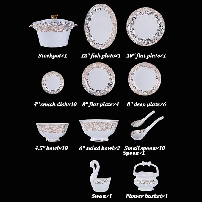 Kitchen Tableware SetCeramics Dinnerware Set European Style High-end Porcelain Dishware Set with Soup Pot and Cereal Bowl 48 Pieces Bone China Dinner Sets for Family G