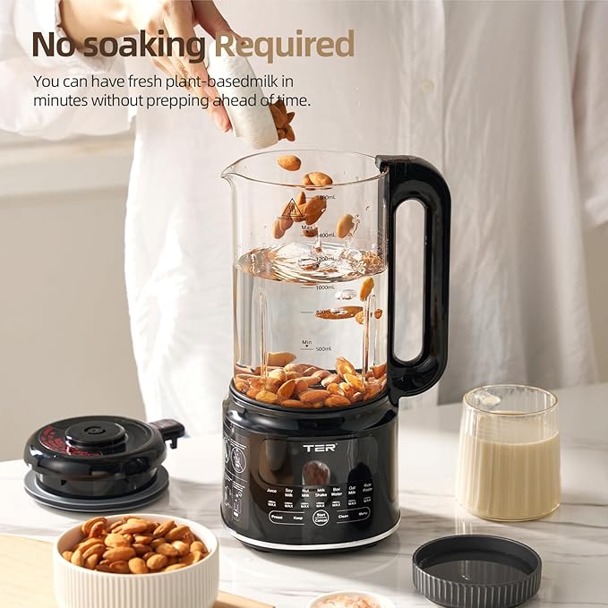 50OZ Nut Milk Maker Machine TER 10-in-1 Soy Milk Maker for Almond/Oat/Soy Milk Juice Milkshake Rice Paste Auto Clean/24H Preset Time/12H Keep Warm with 7 Accessories Black