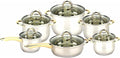 For 12 Pieces Stainless Steel Cookware Set With Gold Plated Handle Glass Lid Silver