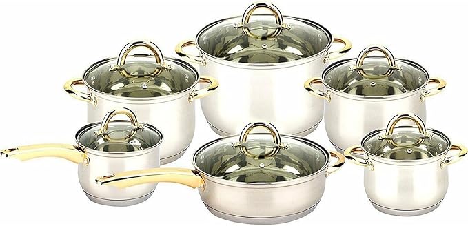 For 12 Pieces Stainless Steel Cookware Set With Gold Plated Handle Glass Lid. Silver