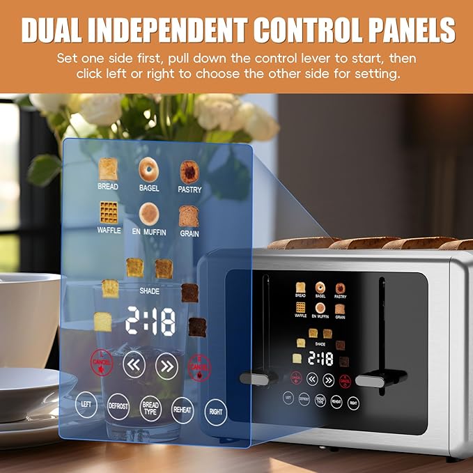 Whall 4-Slice Smart Toaster with Touchscreen &amp Extra-Wide Slots Dual Independent Control 6 Browning Levels &amp 6 Bread Types Memory FunctionCountdown Timer Ideal Kitchen Gift
