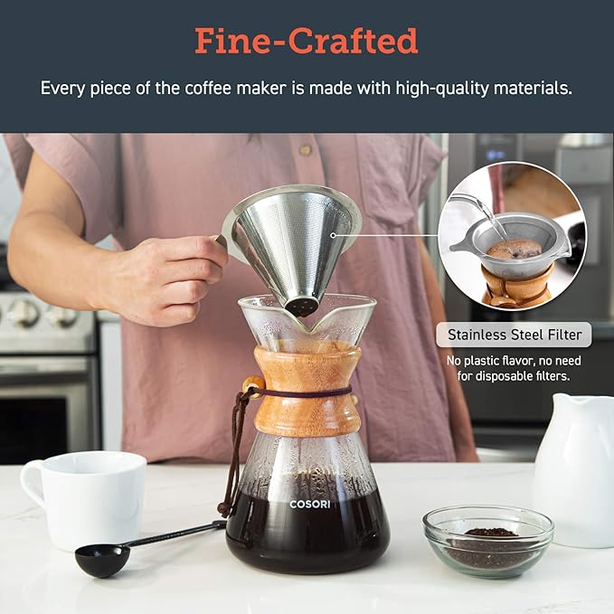 COSORI Pour Over Coffee Maker with Double-layer Stainless Steel Filter34 Ounce &amp Electric Kettle with Upgraded Stainless Steel Filter and Inner Lid Wide Opening Glass Tea Kettle1.7L Black
