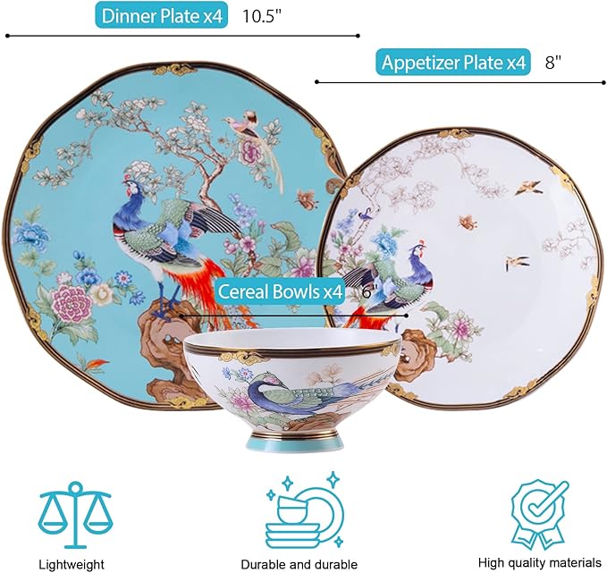 ACMLIFE Bone China Dinnerware Set 12 Pieces with 2-Tier Vintage Floral Afternoon Tea Stand