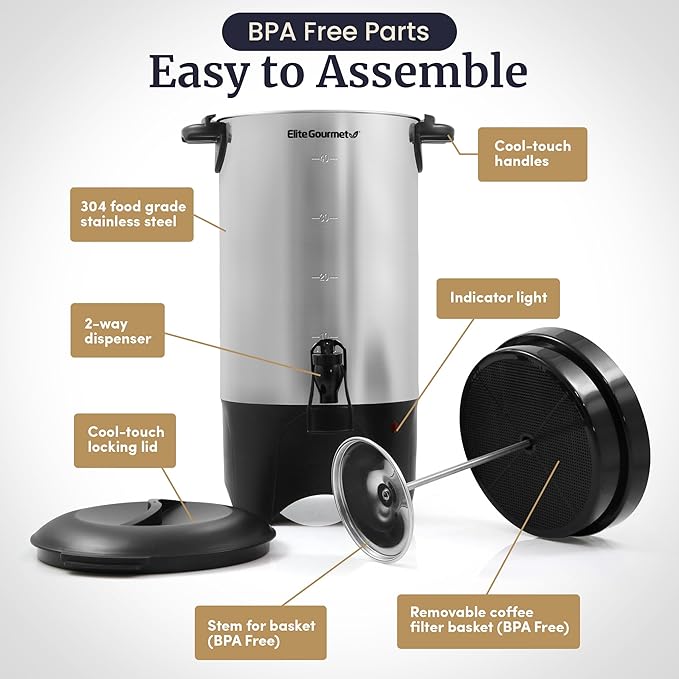 Elite Gourmet CCM040X 40 Cup Electric Hot Water Coffee Brewer Urn Removable Filter For Easy Cleanup Two Way Dispenser with Cool-Touch Handles Stainless Steel