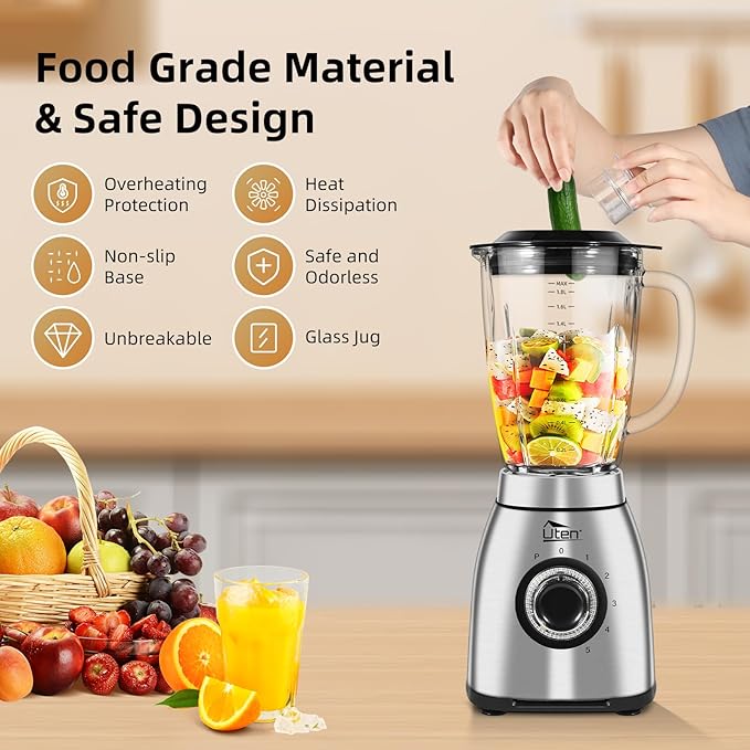 Uten 800 Watt Hight Speed Countertop Blender for Smoothies and Shakes Ground Coffee Beans 60 Oz Glass Jar 5 Speed Settings and Pulse