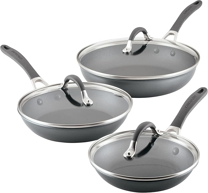 Circulon A1 Series with ScratchDefense Technology Nonstick Induction Frying Pans/Skillets with Lids Metal Utensil Safe Skillet Set w/Lid (8.5 10 &amp 12) - Graphite