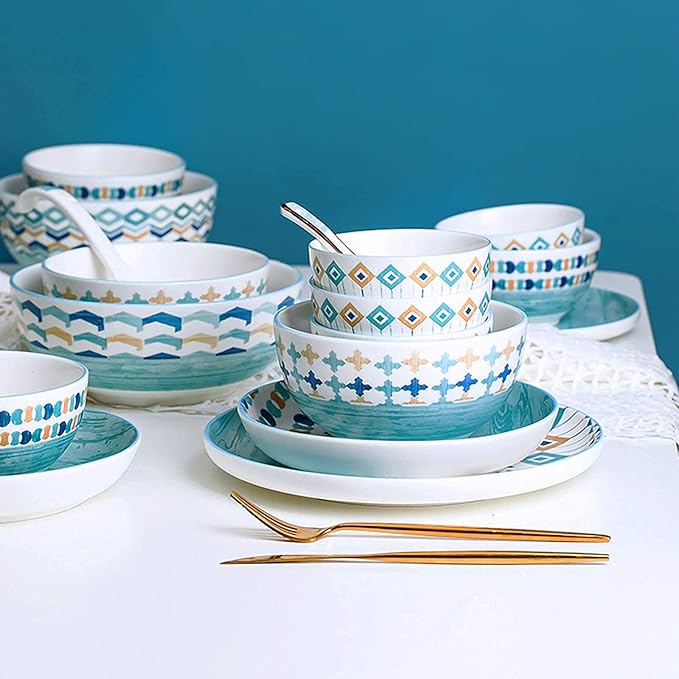 High-End Dinner SetCeramics Dinner Sets Blue Geometric Patterns Porcelain Dinnerware Set of 42 | Cereal Bowl and Steak Plate Set for Housewarming Gift