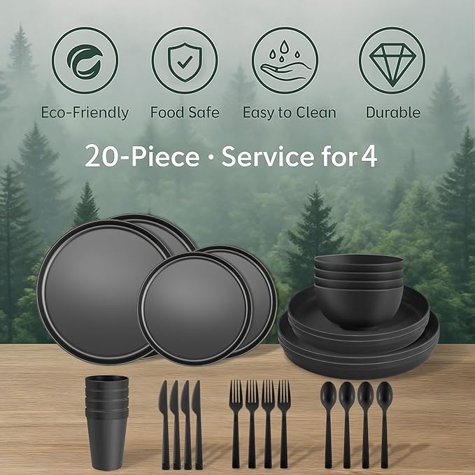 20 Piece RV &amp Camping Dinnerware Set Elegant Ceramic-Look Large Bowls &amp Plates Unbreakable &amp 100% Microwave Safe Melamine Alternative Service for 4 Black