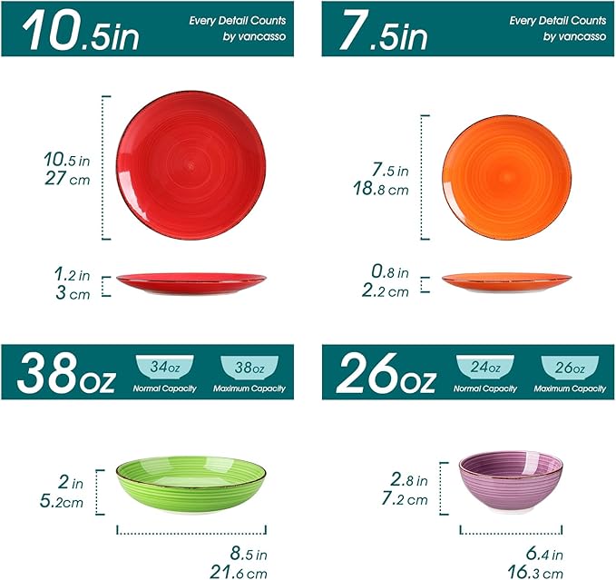 vancasso Bonita Dinnerware Sets 24 Pieces Multicolor Stoneware Dinner Set for 6 Handpainted Spirals Pattern Ceramic Plates and Bowls Sets Kitchen Plate Set