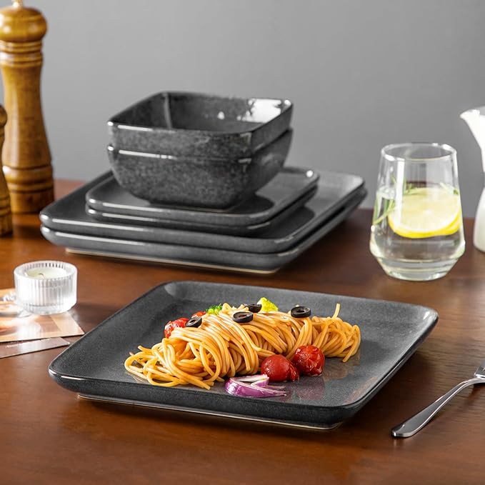 vancasso Stern Gray Dinner Set Square Reactive Glaze Tableware 12 Pieces Kitchen Dinnerware Stoneware Crockery Set with Dinner Plate Dessert Plate Bowl Service for 4