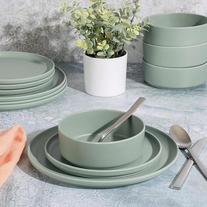 12-Piece Round Melamine Dinnerware Set – Lightweight Shatter-Resistant Plates &amp Bowls for 4 Stackable &amp Dishwasher Safe Tableware – Indoor &amp Outdoor Use (Sage Green)