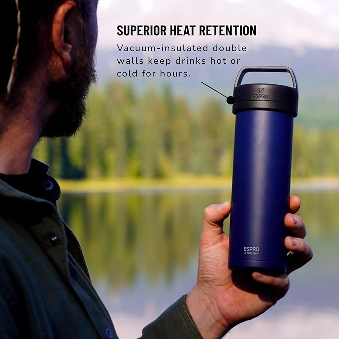 ESPRO P0 Ultralight French Press Coffee Maker for Travel Vacuum Insulated Stainless Steel 16 Ounces Aegean Blue