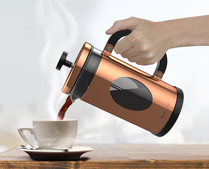 bonVIVO Large French Press Coffee Maker 34 oz – Glass Stainless Steel Coffee Press with Borosilicate Heat Resistant Carafe Reusable Filter Copper Finish Cafetiere for Gourmet Coffee Tea Lovers