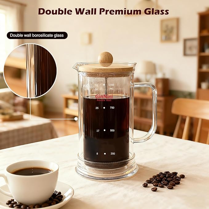 34-Ounce plastic free French Press Coffee Maker Double Wall Glass coffee press Stainless Steel Filter and Shaft Bamboo Knob and Lid Heat-Resistant tea french press no plastic large tea maker