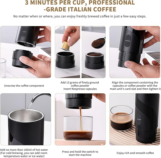 Portable Coffee MachineRechargeable Cafetière Portable de Voyage with USB-C 20bar Electric Coffee Maker for Camping &amp Travel 3-in-1 Car Coffee Maker Compatible with Coffee Grounds&ampCapsule