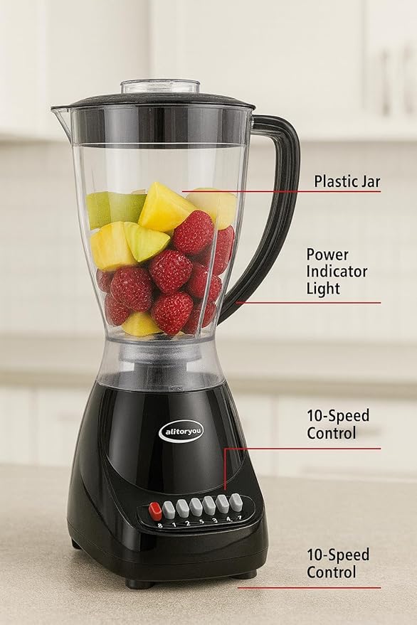 J&ampV TEXTILES 10 Speed Countertop Blender Juicer &amp Smoothie Maker Slim Flip &amp Store Design Dishwasher Safe 51oz Capacity Pitcher &amp Lid Stainless Steel Blade 400 Watt