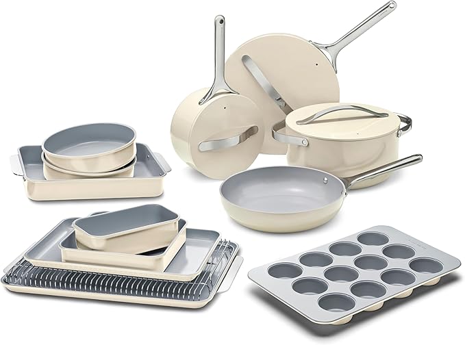 Caraway 23-Piece Nonstick Ceramic Cookware &amp Bakeware Set – Pots Frying Pans Lids Baking Sheets Pans Cooling Rack &amp Storage – Oven Safe Non-Toxic – Compatible with All Stovetops - Cream