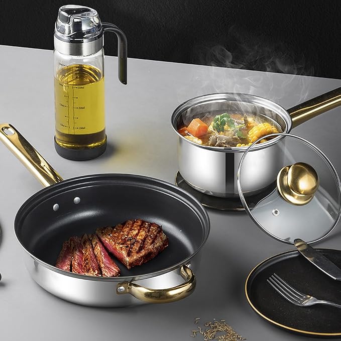 12Pcs Kitchen Pots Stainless Steel Cookware Set with Golden Handle Various Sizes Easy to Clean - Heat Ergonomic Grip Compatible with All Cooktops