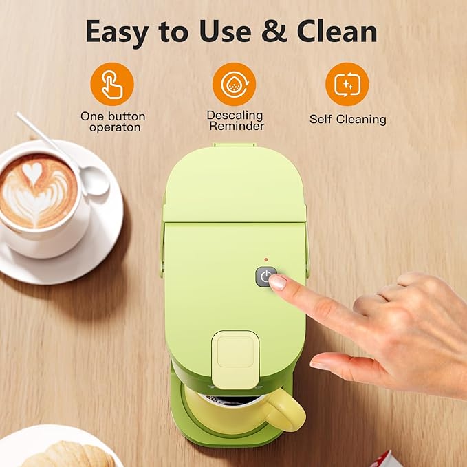 Single Serve One Cup Coffee Maker for K Cups and Grounds Mini Coffee Maker with Portable Handle 6 to 12 Oz Brew Size for Travel Camping Office RV and Dorm 120V Lime Green