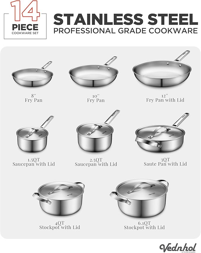 Stainless Steel Cookware Set 14 Pcs Tir-Ply Pots and Pans Set PFOA&ampPTFE Free Dishwasher&ampOven Safe Kitchen Induction Compatible ollas de acero inoxidable para cocinar