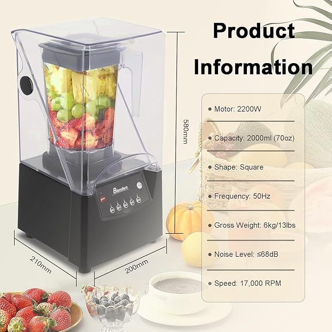 Quiet Commercial Blender With Soundproof Shield 2200 Watt Professional Blenders For Kitchen With 6-Blade Diamond Turbine Cutter And Self-Cleaning For Juice Bars/Household Smoothie Making