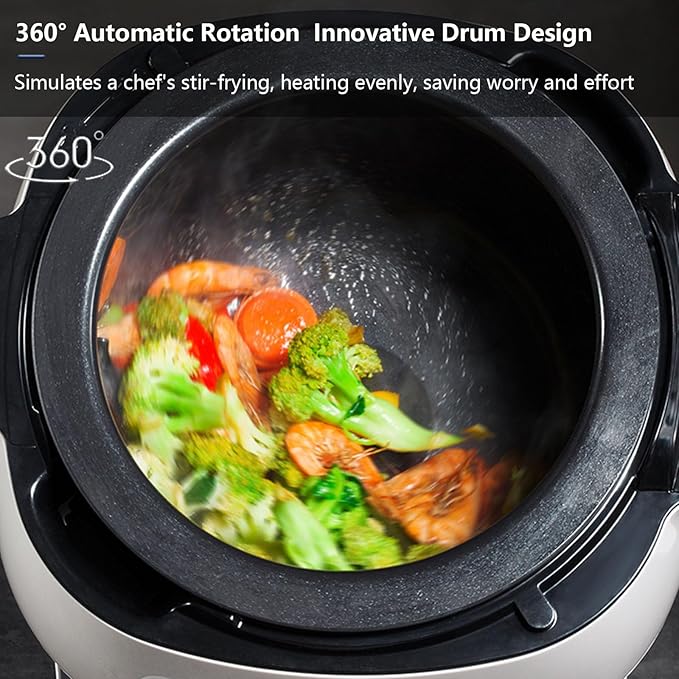 Portable Automatic Stir Fry Cooker Auto Cooking Wok Fried Rice Machine with Visual Pot Lid and Widen Handle 360° Automatic Rotation Touch Panel Cooker Robot for Home Restaurant