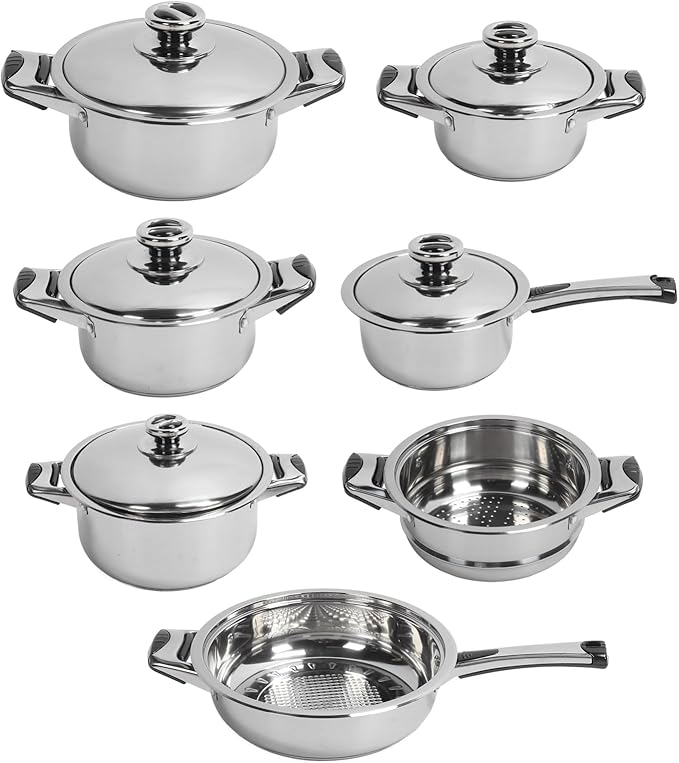 Stainless Steel Cookware Set Uniform Heat Conduction Pots and Pans Stylish Kitchen Cooking Set sturdy Material Comprehensive Cooking Kit with Steam Grid Lids for Household U