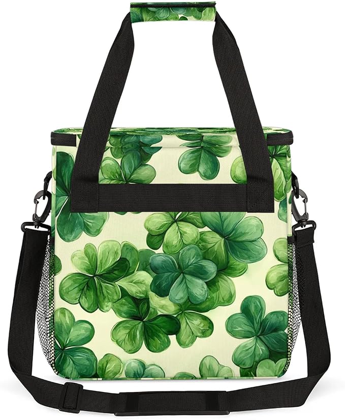 St Patricks Day Coffee Maker Travel Bag Clover Shamrock Insulated Grocery Bag Travel Picnic Leakproof Cooler Bags With Shoulder Strap