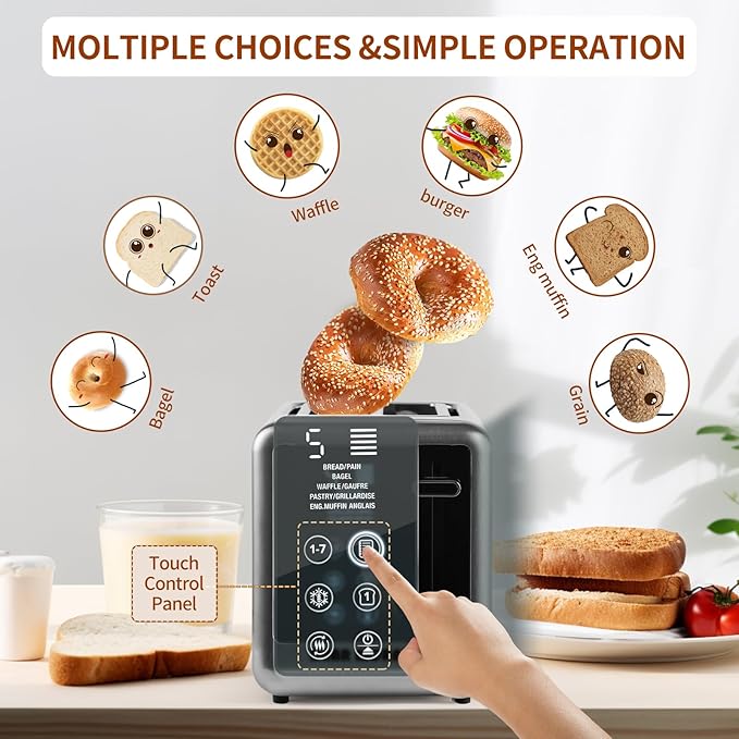 Smart Toaster Digital Tuch Screen Toasters with 5 Bread Selection 7 Shade Setting and Bagel/Defrost/Cancel/Reheat Function 1.5” 2 Slice Stainless Steel Tostadora with Removable Crumb Tray