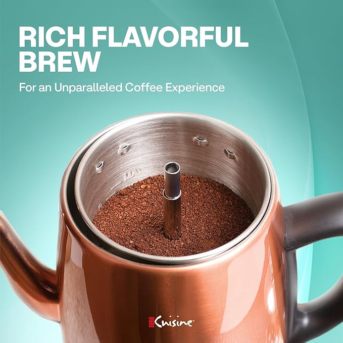 Euro Cuisine PER12 Stainless Steel Electric Coffee Percolator 12 Cup Polished Copper Finish Dripless Gooseneck Spout Clear Glass Knob Brewing Indication Keep-Warm Function Detachable Cord