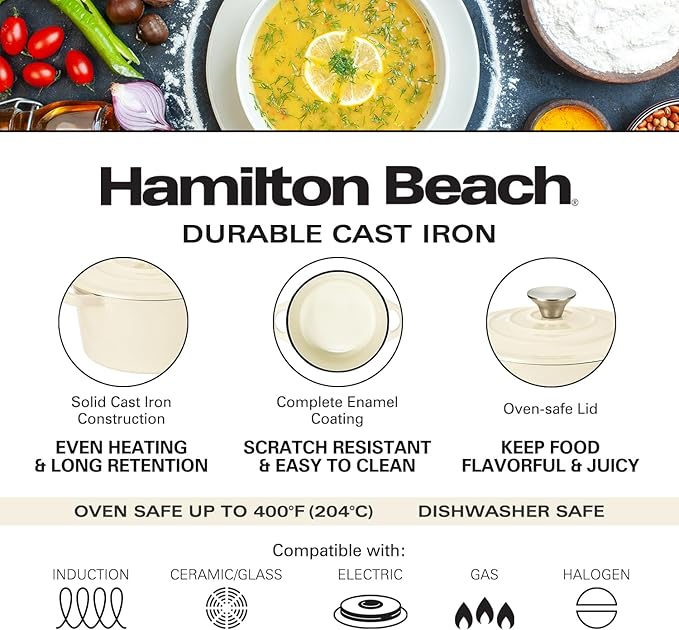 Hamilton Beach 3-Quart Enameled Cast Iron Dutch Oven Pot with Lid Cream